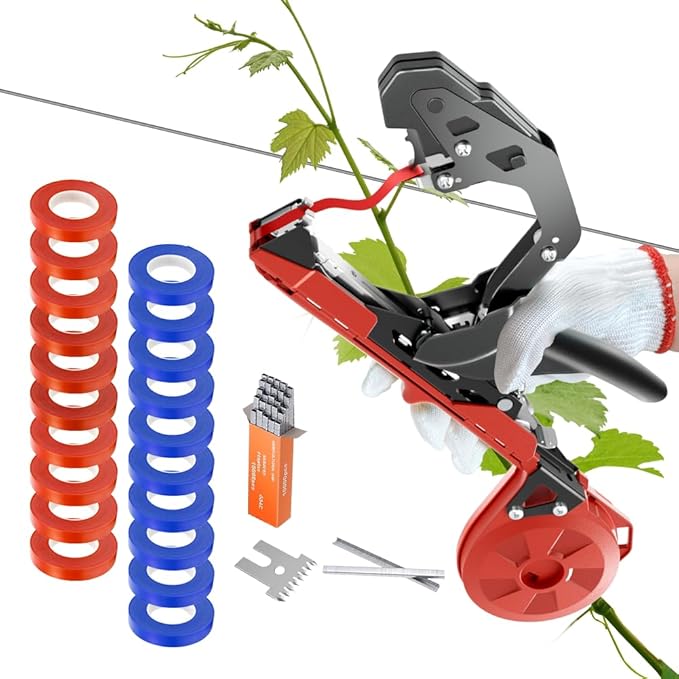 Plant Tying Machine, Lightweight Plant Tape Gun to Tie Up Vine, Plant Tying Tape Tool for Gardeners Farmers, Garden Tape Gun with 10000pcs Staples, 20 Rolls Tape, 1 SK5 Blade, 1 Gloves (Red)