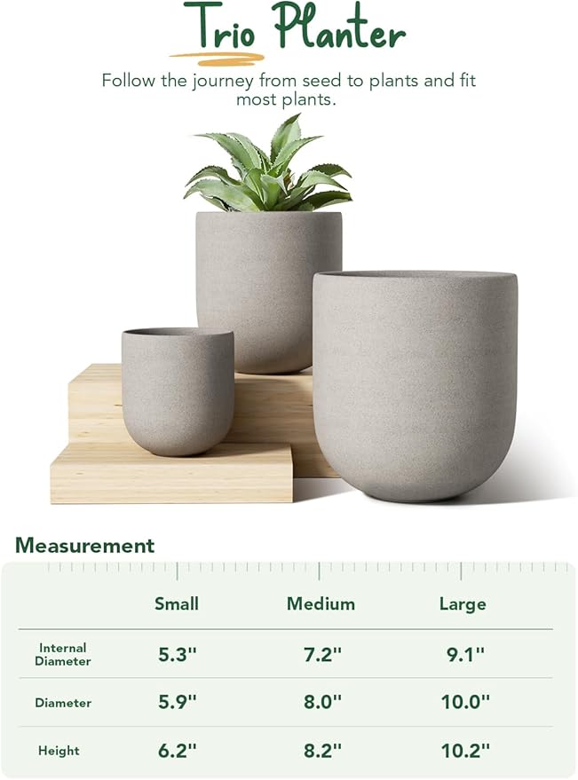 LE TAUCI 6+8+10 Inch Plant Pots Indoor, Ceramic Planters for Indoor Plants, Cylinder Pots with Drainage Hole and Plug, Planter Pots for Home Office Room Patio, Set of 3, Neutral Gray