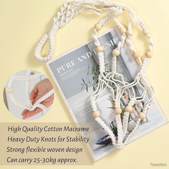 3 Pack Macrame Plant Hanger, Hanging Planters for Indoor Plants Holder With Wood Beads, No Tassels Hanging Plant Holder 3 Hooks, Different Size Boho Plant Hanger, Home Decor, Ivory (POTS NOT INCLUDED)