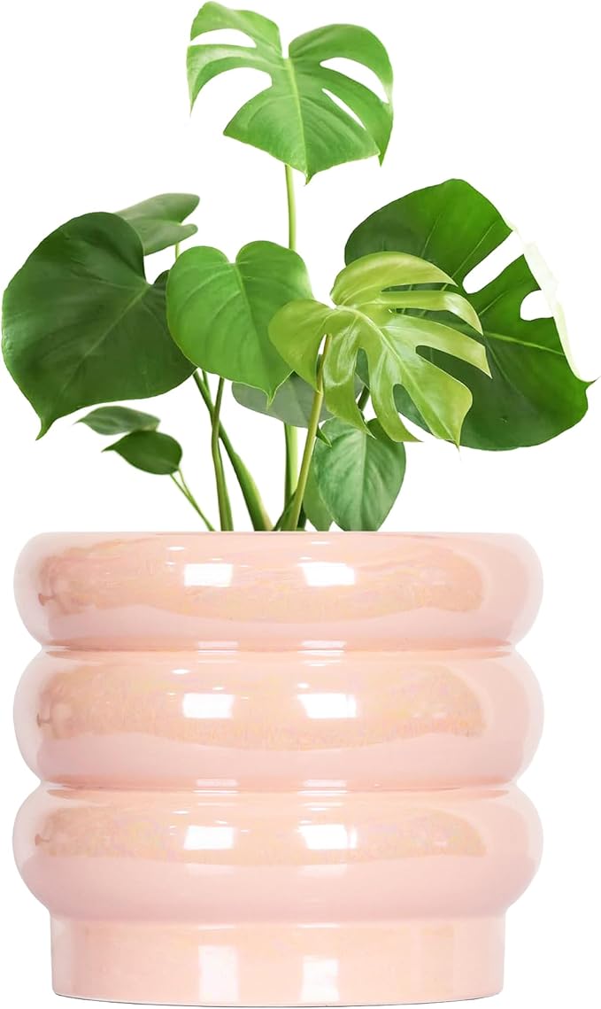 10 inch Ceramic Plant Pots for Indoor Plants, Rainbow Pearl Glaze Planter with Planters for Plants with Drainage Hole, Orchid Pots, Succulent Pot, Large Flower Pot (Pink)