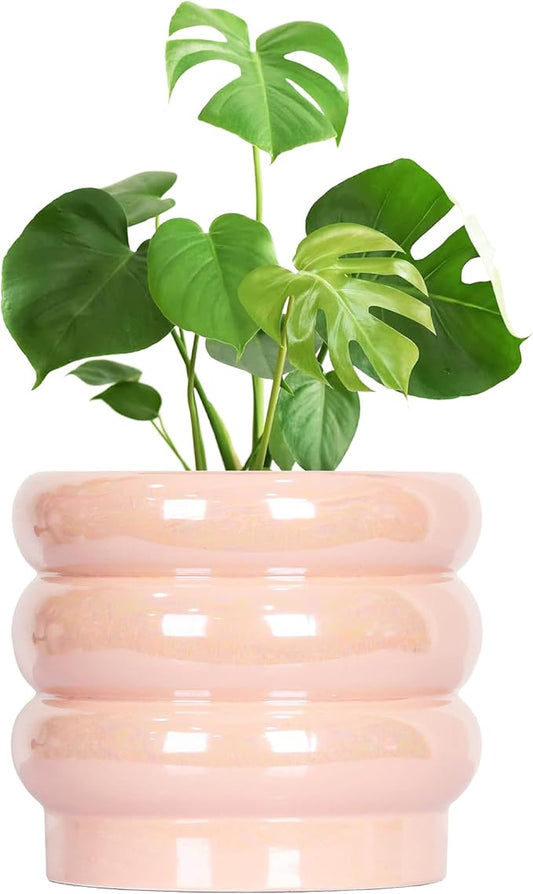 10 inch Ceramic Plant Pots for Indoor Plants, Rainbow Pearl Glaze Planter with Planters for Plants with Drainage Hole, Orchid Pots, Succulent Pot, Large Flower Pot (Pink)