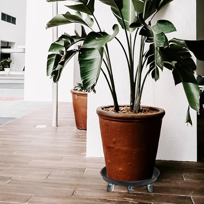 ARTLINE Round Plant Stand with Lockable Wheels, Heavy Duty for Indoor Outdoor, Large Rolling Dolly Planter Caddy on Casters to Carry Potted Flower Pot, Round Metal Tray NO Holes, Black