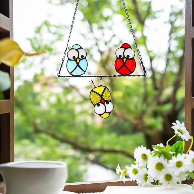 Owls Decor Stained Glass Suncatcher,Multicolor Owl Stained Glass Window Hangings,Bird Suncatchers Deocr for Door Room,Owl Gifts for Mom,Grandma,Bird Gifts for Bird Lovers Women