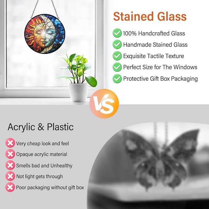 Sun and Moon Decor Suncatcher Stained Glass Window Hanging - Wall Art Stained Glass Suncatchers for Windows Hanging - Home Sun Catchers Indoor Window with Chain - Celestial Decor Gifts for Women Mom