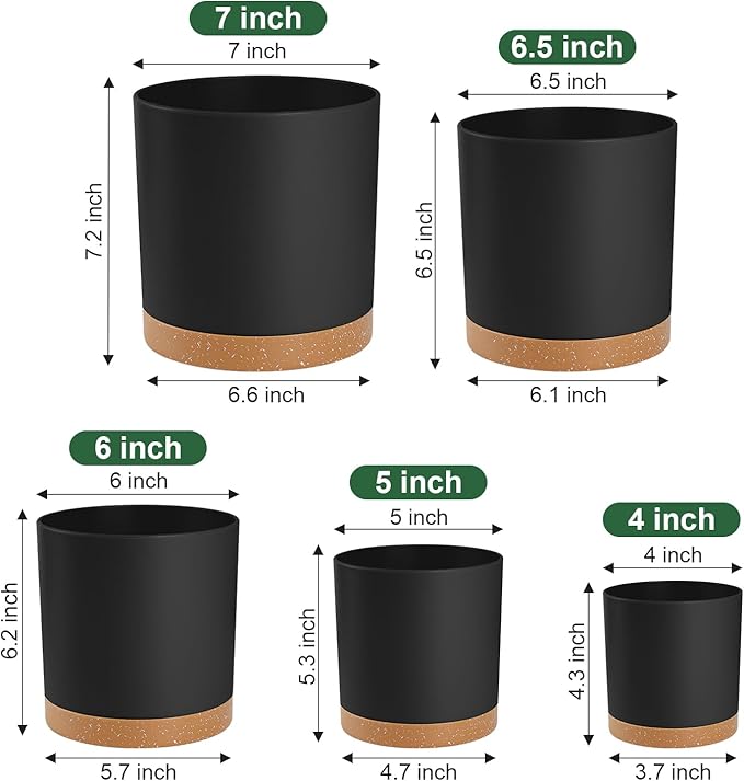 Plant Pots – 7/6.5/6/5/4 Inch Plastic Planters with Drainage Holes and Saucers, Flower Pots for Indoor and Outdoor Plants (Black)