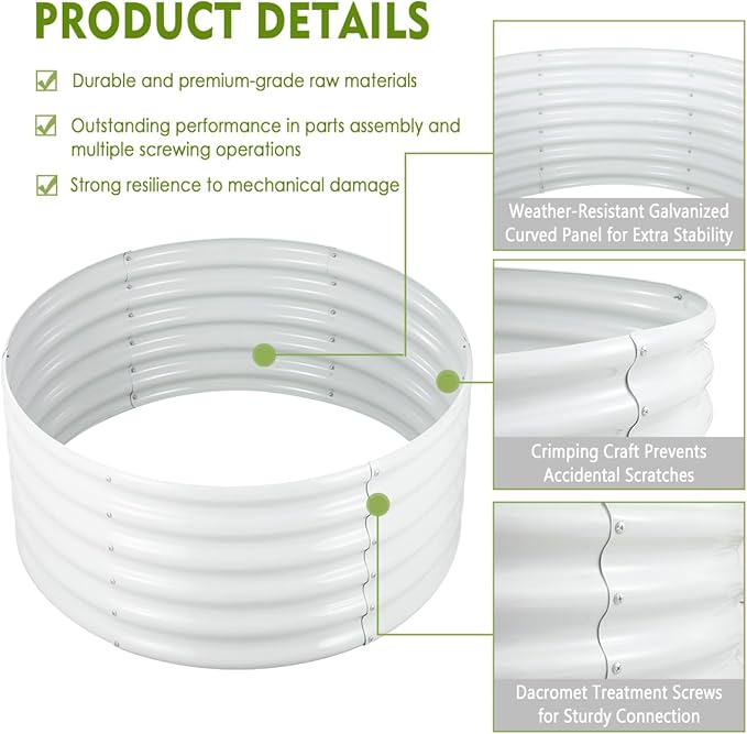 FORTUNO 2 Pcs 17" Tall 4 Ft Round Raised Garden Bed Box Galvanized Metal Outdoor High Flower Bed Steel Patio Ground Planter for Planting Vegetables and Herbs, White