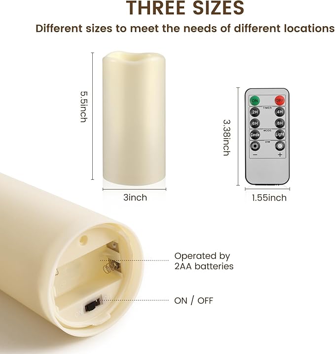 15Pack Waterproof Flameless Remote Control Candles (D3''*H5.5''） Battery Operated Flickering LED Pillar Candle，plastic with 10-Key 24Hours Timer for Outdoor/Indoor Party Garden Lanterns Porch Ivory