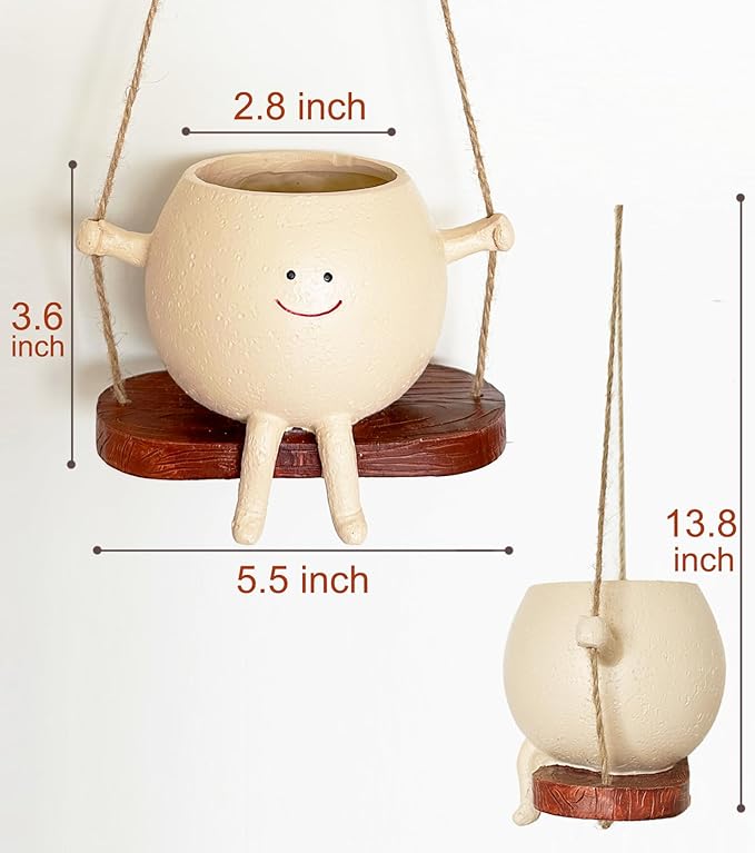 Hanging Planter,Cute Swinging Planter with Smiley Face, for Indoor/Outdoor Plants,Swinging Plant Pot Hanging with Drainage Hole, (Swing,Khaki)