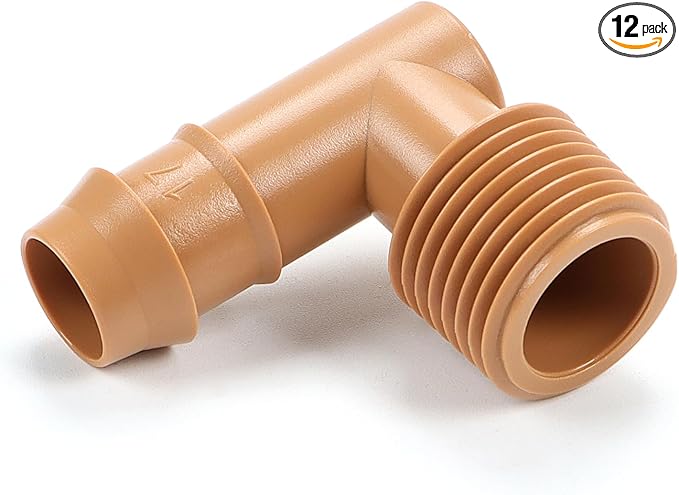 12 Pieces 1/2 Inch PVC to 1/2 Inch Drip Irrigation Adapter Fittings, 1/2" Male Pipe Thread(MPT) x 1/2" Drip Line Barbed Elbow Connectors 1/2-in PVC to 1/2-in Poly Tubing Adapter