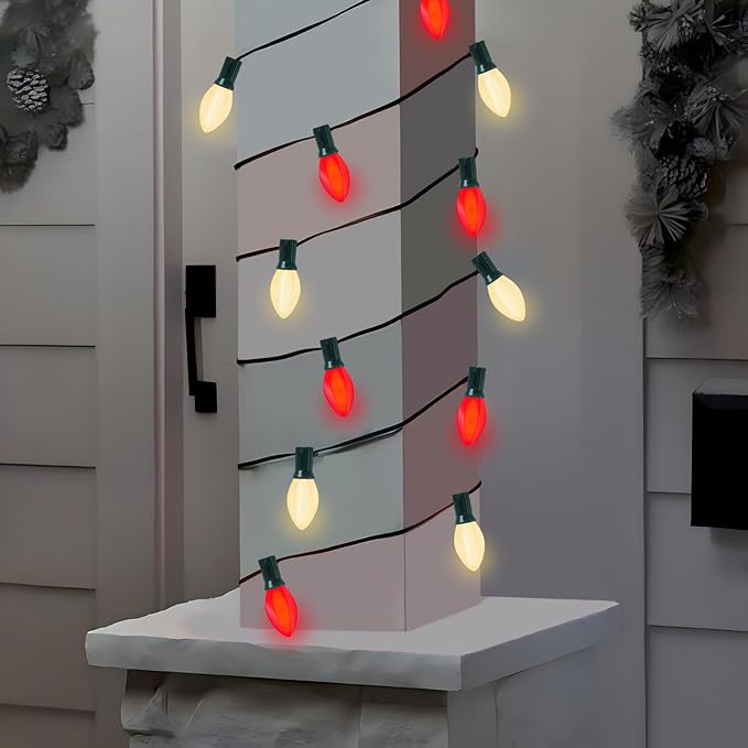 C7 LED Red and White Christmas Lights, 25Ft Outdoor Christmas String Lights with 27 LED Red and White Plastic Bulbs, Vintage Christmas Light for Outside Patio Christmas Tree Cafe Party House Decor