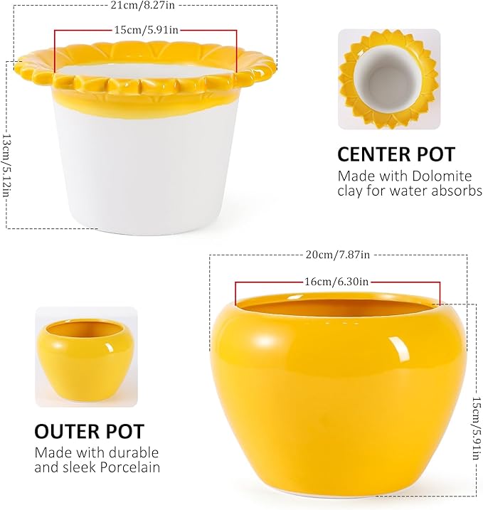 8in Self Waterring Terracotta Planter Yellow Ceramic Pot Maintenance Plant Seeder Planting Flower Pot Design Self Watering Planter for Indoor Plants African Violet Planter Pot