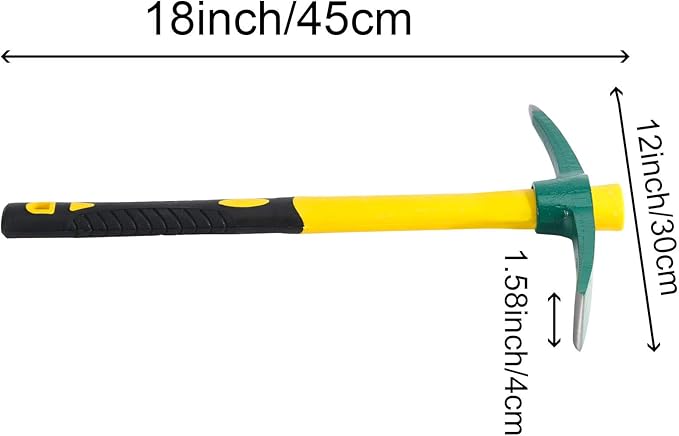 17.7 Inch Pick Mattock Hoe Heavy Duty, Gardening Hand Pick with Shock Absorption Rubber Handle and Forged Head, Pick Axe Hand Tool for Digging Weeding Prospecting Camping