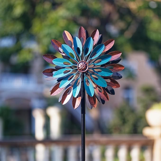 VEWOGARDEN 360° Outdoor Metal Wind Spinners Kinetic Wind Sculptures & Spinners for Yard Garden Lawn Patio Decorations, Blue & Bronze