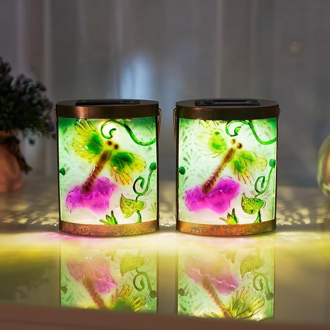 2 Pack Glass Dragonfly Solar Lanterns Outdoor Waterproof, Hanging LED Solar Lantern for Tabletop Garden Patio Decor