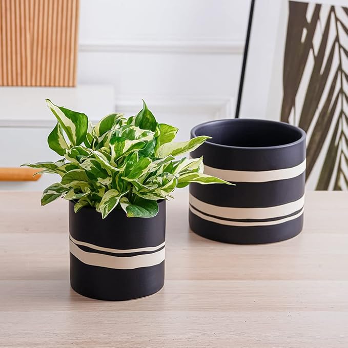 Nihow Modern Ceramic Plant Pot - 5 + 7 Inch Flower Pot for All Indoor Plants - Sturdy Planter Pots with Drainage Hole & Rubber Plugs - Semi-Matte Black & Nature - Plants Not Included