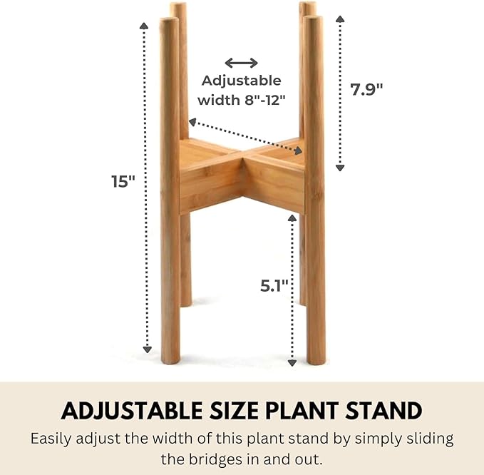 Fox & Fern Adjustable Plant Stand Indoor — 8 to 12 Inch Mid Century Modern Plant Stand with Adjustable Width; Plug In Design; Easy to Assemble; Two Height Options - For 8, 9, 10, 11 & 12 Inch Pots