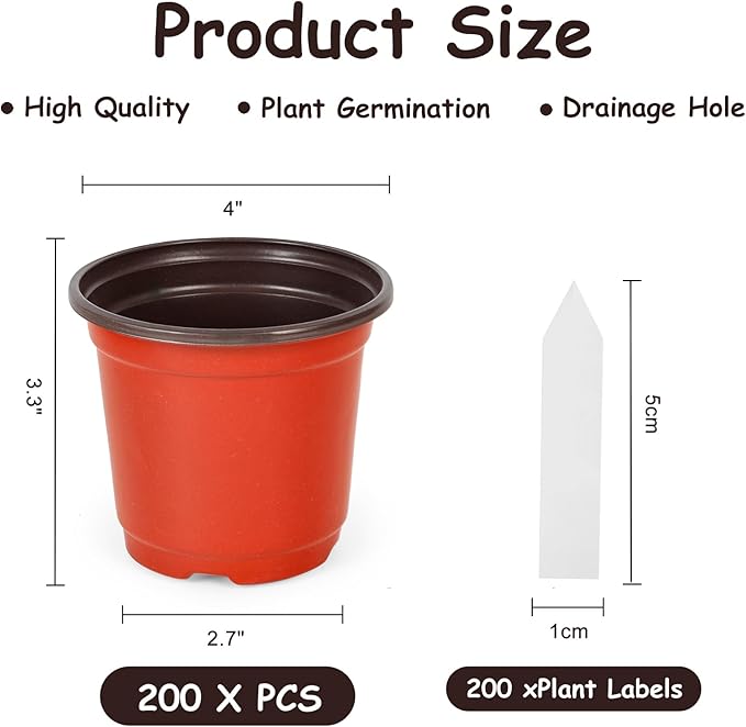 4 Inch 200 Pack Plastic Nursery Pots with Drainage Holes,Plastic Seed Starting Pots Come with 200 Pcs Labels, Reusable Seedling Flower Plant Container for Succulents, Seedlings, Transplanting