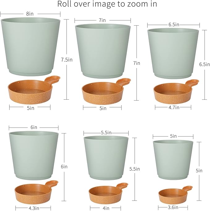 GARDIFE Plant Pots 8/7/6.5/6/5.5/5 Inch Self Watering Planters with Drainage Hole, Plastic Flower Pots, Nursery Planting Pot for All House Plants, African Violet, Flowers, and Cactus,Green