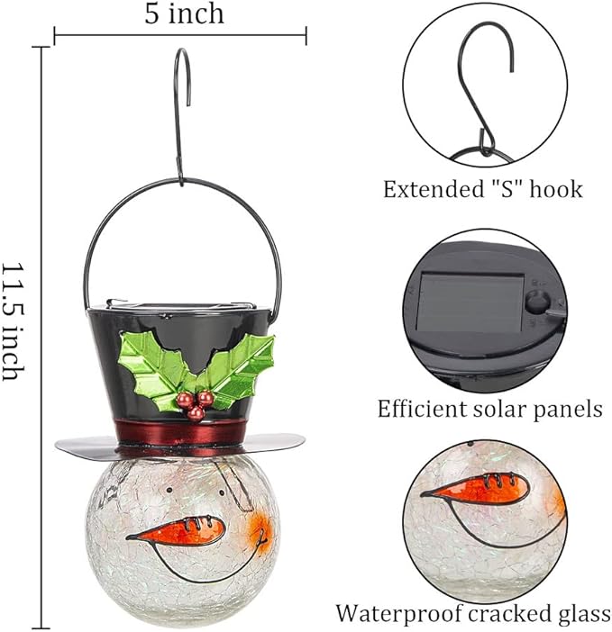 Starsoul Snowman Solar Lanterns, Christmas Outdoor Hanging Lantern Waterproof Decorative Snowman Lamps Decor for Garden, Patio, Yard, Porch, Xmas Holiday Party Decor (Large Leaves)