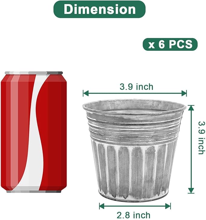 vensovo 4 Inches Silver Metal Rustic Flower Pots - 6 Pcs Small Galvanized Planters with Drainage Hole and Rubber Plug, Rustproof Tin Bucket Plant Pot Farmhouse Vintage Style for Decor