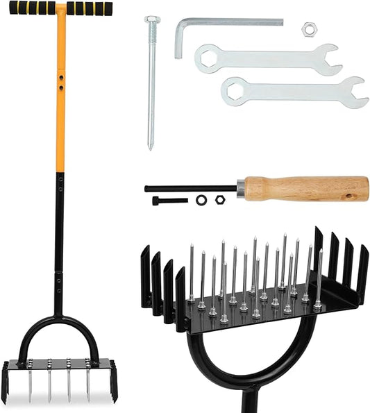 2-in-1 Lawn Aerator Tool, Multifunctional Carbon Steel Aeration Tool for Lawn , Manual Lawn Air Aerator Tool with 24 Spikes, Grass Aerator for Lawn for Compacted Soil, Garden Tool Lawn Core Aerator