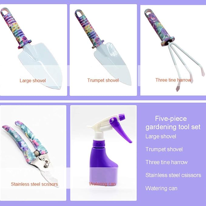 Anti-Rust Garden Tool Set with Carrying Case, 5 Piece Stainless Steel Gardening Kit with Floral Pattern Grass Flower Branch Trimmer Garden Hand Tool Sprayer Farmer Box Gardening Tool for Adults Kids