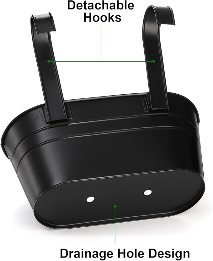 Foraineam 6 Pack Hanging Flower Pots, Metal Iron Hanging Planter Plant Pot Holders for Railing Fence Balcony, Black Hanging Bucket Pots Outdoor Porch Decors with Detachable Hooks and Drain Holes