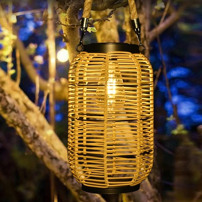 Solar Lantern Outdoor Hanging Lights, Large Solar Rattan Lantern Outdoor Waterproof with Twine Handle, Bright Outdoor Lanterns with Edison Bulb for Garden Patio Yard Tabletop Decoration
