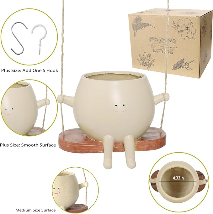 Plus Size Swing Face Planter Pot Hanging Head Planter for Indoor Outdoor Plant for String of Pearls Plant Live Resin Flower Pots Gift Ideas for Mother and Teacher Appreciation Christmas