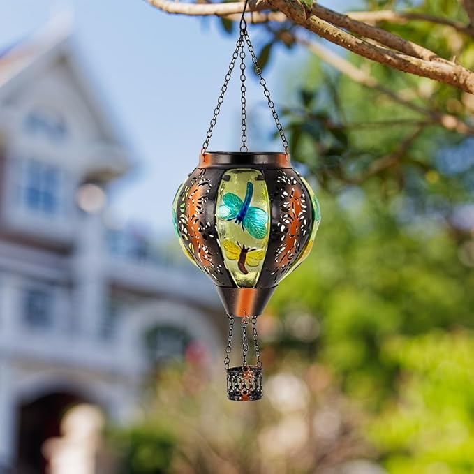 Dragonfly Solar Hot Air Balloon Lantern with Flame, Light Solar Outdoor Lantern Hanging Lanterns Decor for Garden Yard Patio, Dragonfly Gifts for Women Mom Grandmom