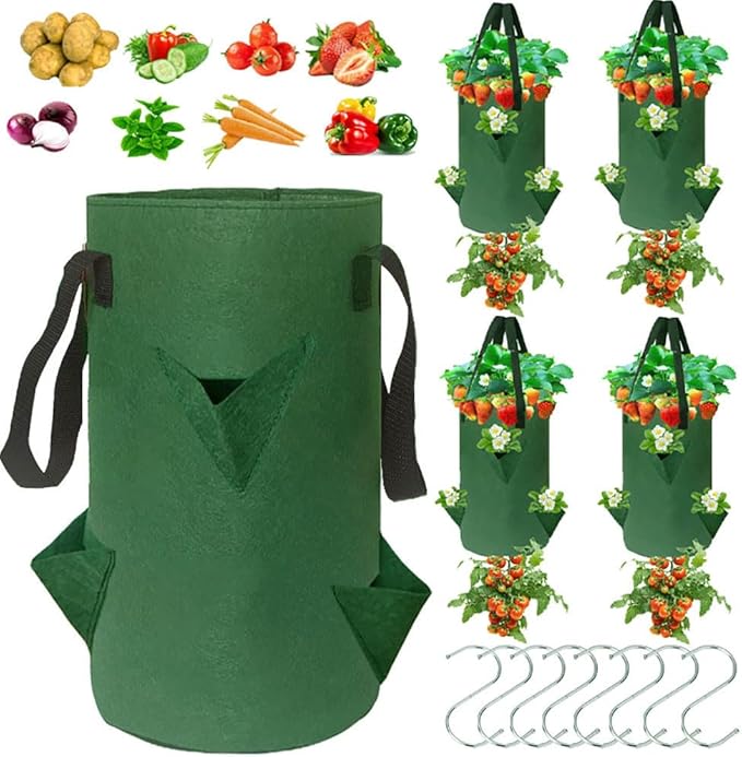 4Pack Upside Down Strawberry Planter, 3 Gallon Hanging Grow Bags for Tomato Vegetables 6 Planting Holes with 6Hooks,Upside Down Strawberry Plant Hanger Vegetable Planting Bags for House (Dark Green)