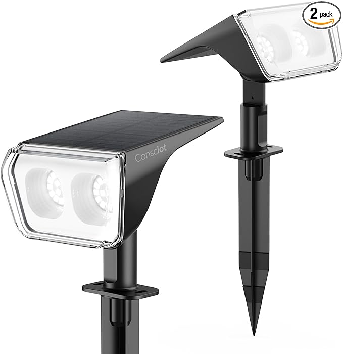 Consciot Solar Spot Lights Outdoor Waterproof, 24 LED Dusk-to-Dawn Solar Outdoor Lights, 2 in 1 Adjustable Wall Lights, Daylight Solar Landscape Spotlights for Garden Yard Wall Walkway, 2 Pack