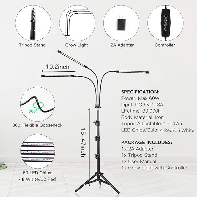 GHodec Grow Light with Stand, 60 LED 5500K Full Spectrum Floor Plant Light for Indoor Plants Growing,5 Dimmable Levels & Auto On/Off Timer,Tripod Stand Plant Lamp Height Adjustable