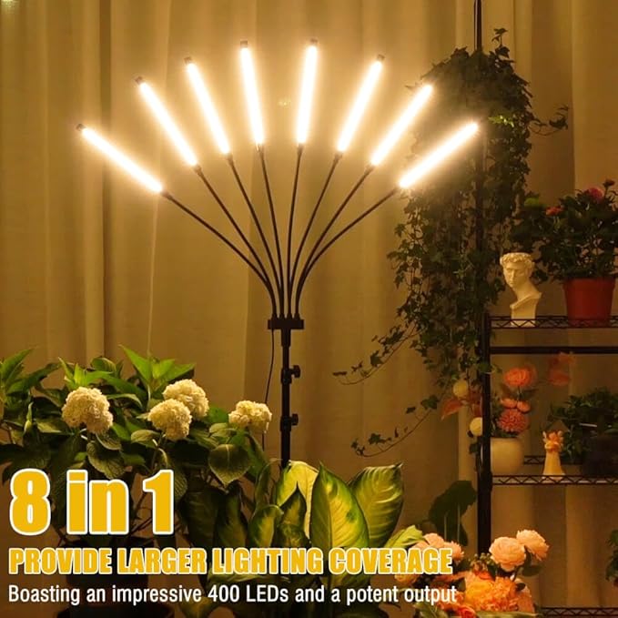 Grow Lights for Indoor Plants, 8 in 1 Full Spectrum Grow Light for Indoor Growing with Tripod Stand, Auto On/Off Timing 4/8/12H, Plant Light for Indoor Plants with 400 LEDs. (Full Spectrum)