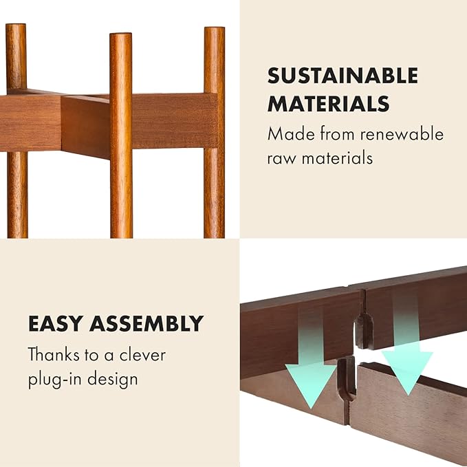 Fox & Fern Mid Century Tall Plant Stand — 10 Inch Fixed Size Raised Wooden Plant Stand for Indoor Planters; Modern Flower Pot Holder with Plug In Design; Easy to Assemble; Two Height Options - Acacia