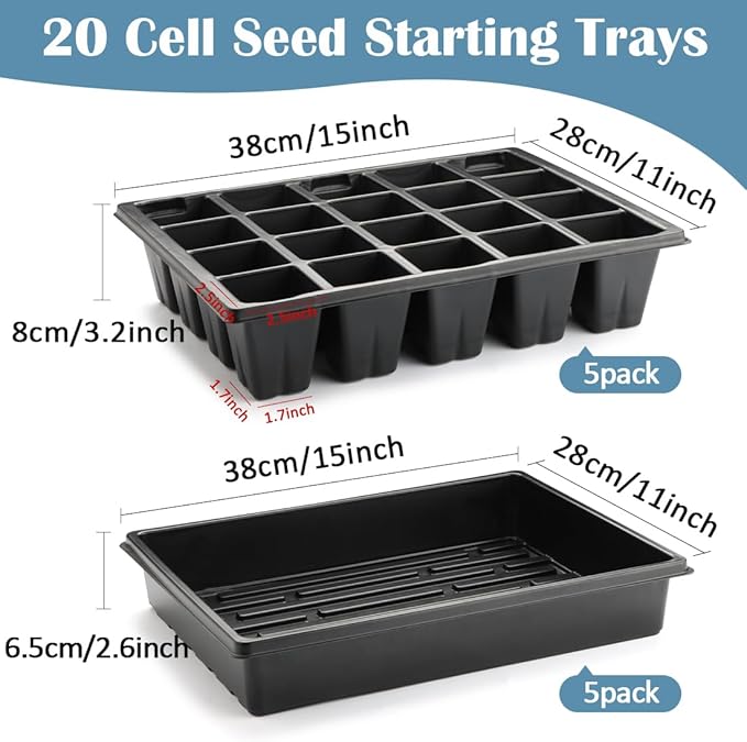 2.5 inch Square Pots 3.5 inch Deep 20 Cell Seedling Trays with Water Collection Nursery Trays (15"x11"x3") for Seeds Starting and Transplanting(5 Sets)