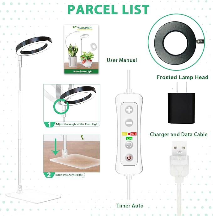yadoker Plant Grow Light, LED Growing Light Full Spectrum for Indoor Plants,Height Adjustable, Automatic Timer, 5V Low Safe Voltage,Idea for Small Plant Ligh