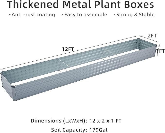 2 Pack 12x2x1FT Galvanized Raised Garden Beds Kit Outdoor Metal Gardening Planter Box for Vegetable Elevated Flower Herbs,Gray