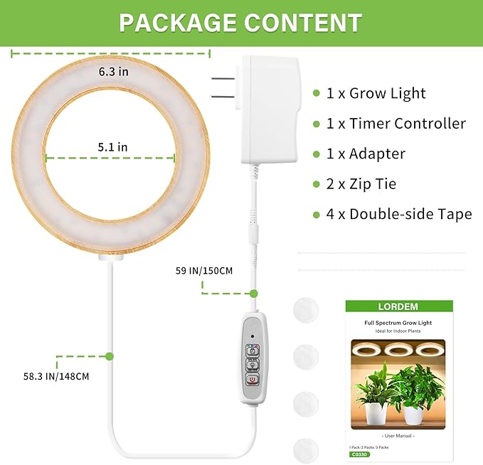 LORDEM 6.3” Bamboo Ceiling Grow Light for Indoor Plants, 72 LEDs Full Spectrum Plant Light, Corded, Halo Under Cabinet Growing Lamp with 4/8/12H Auto Timer, 4 Brightness Levels, Ideal for Pot Plants