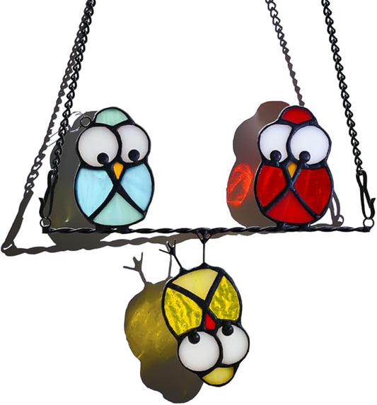 Owls Decor Stained Glass Suncatcher,Multicolor Owl Stained Glass Window Hangings,Bird Suncatchers Deocr for Door Room,Owl Gifts for Mom,Grandma,Bird Gifts for Bird Lovers Women