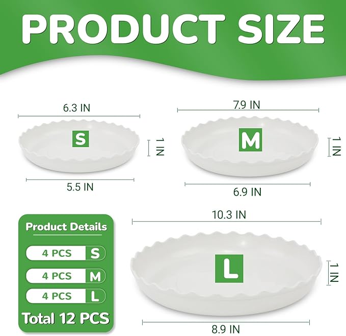 12 Packs Wave Plant Saucer - Plastic Flower Pot Drip Trays/Durable Heavy Duty White Plant Tray for Indoor and Out Door Plant(6/8/10 inch)