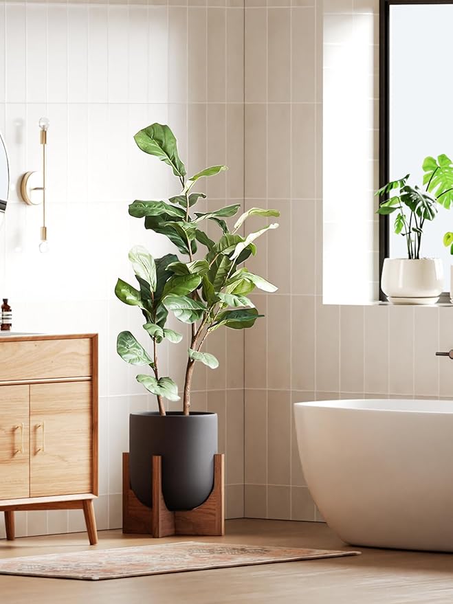 LE TAUCI 12 Inch Pots for Plants with Acacia Wood Stand, Ceramic Large Planters for Indoor Plants, Indoor Plant Pots for Office Living Room, Pots for Plants with Drainage Hole and Plug, Charcoal Gray