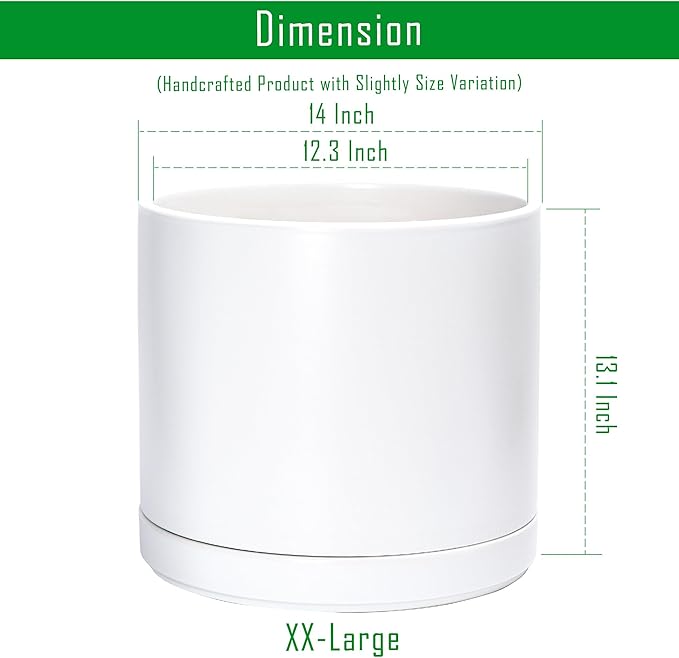 D'vine Dev 14 Inch Ceramic Planter Pot with Drainage Hole and Saucer, Indoor Cylinder Round Planter Pot, White, 94-O-G-1