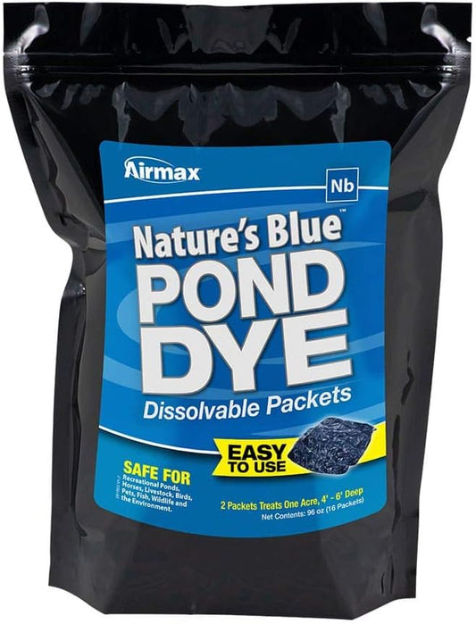 Airmax Pond Dye Packets Nature's Blue Colorant for Large Pond & Lake, Beneficial UV Blocking Color Concentrate, Maintain Clean & Clear Pond, Fish & Animal Safe, Easy Treatment, 16 Soluble Packets