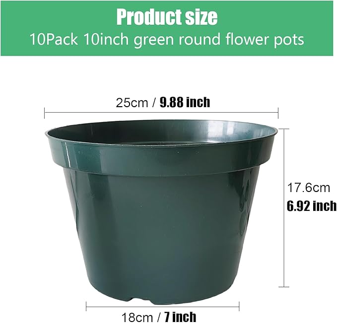 10 Pack Plastic Planter Pots, 10 Inch Thick Plant Pots with Multiple Drainage Holes, Pots for Plants Such as Herbs Strawberry and Flowers, Green Growing Planters for Outdoor Plants or Indoor (Green)
