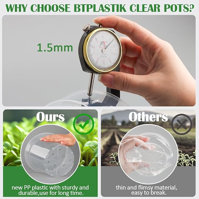 7 Pack 8 Inch Clear Nursery Pots with Saucer, Transparent Plastic Plant Pots with Drainage Holes, Sturdy Plant Starter Pots, Garden Planter Pot for Planting Succulents Flowers Herb Vegetables