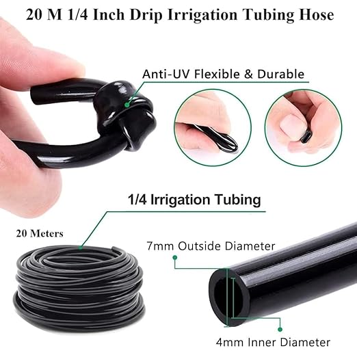 1/4 inch Drip Irrigation Tubing 65 FT Roll, 20 Pcs 1/4" Drip Irrigation Tubing Support Stakes,1 Pcs 3/4" to 1/4" Drip Irrigation Hose Connector