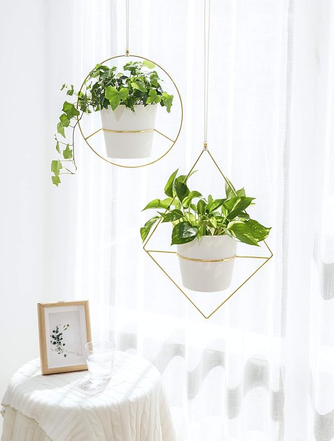 Mkono Boho Metal Hanging Planter with Plastic Pots, Set of 2 , Modern Mid Century Flower Pot Plant Holder in Diamond and Circle Shape, Fits 6 Inch , Gold