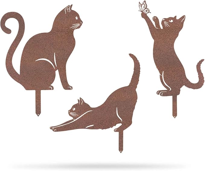 RealSteel I 3 Pack Steel Cat Garden Decor I Outdoor Yard Decorations I Gift for Cat Lovers I Lawn Ornaments and Statues I Garden Signs Decorative Outdoor - Rust