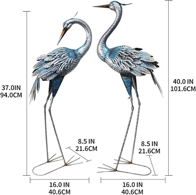 Crane Decor Statues, Blue Heron Garden Statues Metal Yard Art Outdoor Decoy, Garden Sculptures & Statues for Yard/Lawn/Pond/Outdoor Decoration, Set of 2